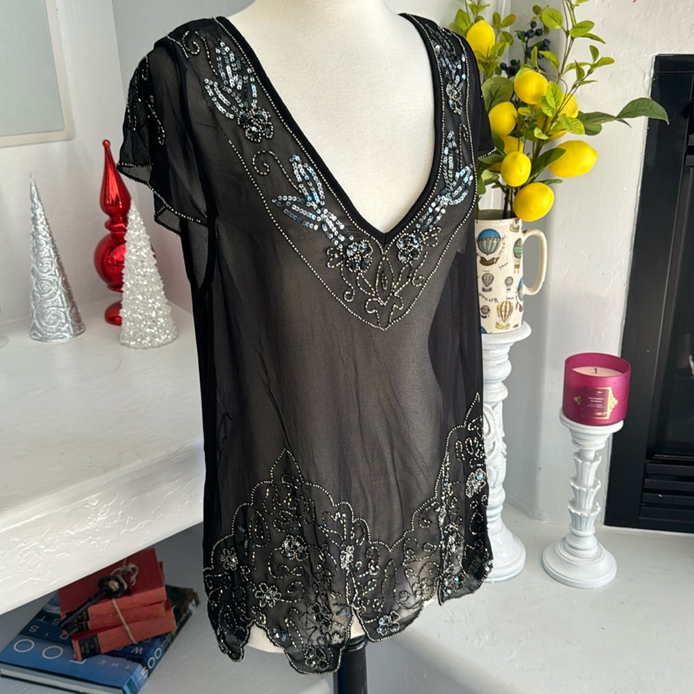 BKE Boutique Black Sheer Embellished with Beads and Sequins Ladies Top